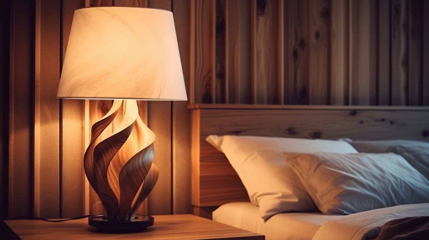 lampe de chevet en bois dans une chambre luxueuse apportant une touche de naturelle à la pièce