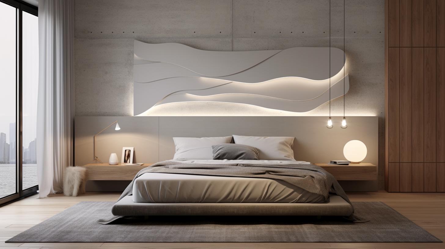 une chambre ultra design très illuminé par le soleil avec une lampe de chevet